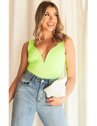Neon Lime Crinkle V Front Sleeveless Bodysuit from PrettyLittleThing