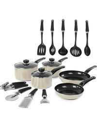 970042 Equip Frying Pan and Saucepan Set 5 Piece with 9 Piece Tool Set , Aluminium, Cream from OnBuy