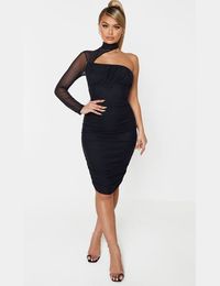 Black sheer mesh square neck binding detail bodycon dress best sale