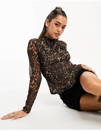 Mango leopard print long sleeve mesh detail top in brown