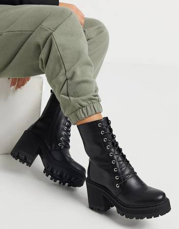 truffle collection square toe chunky lace up boots in black