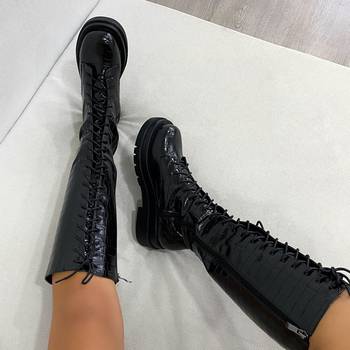 khaleesi black knit lace up chunky calf boots