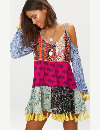 multi long sleeve plunge mirror embroidered dress