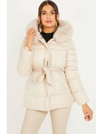 quiz checked faux fur trim jacket