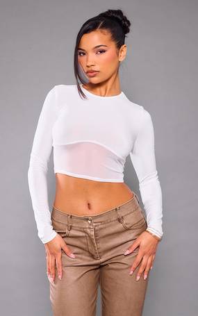White Basic Soft Ribbed High Neck Long Sleeve Crop Top