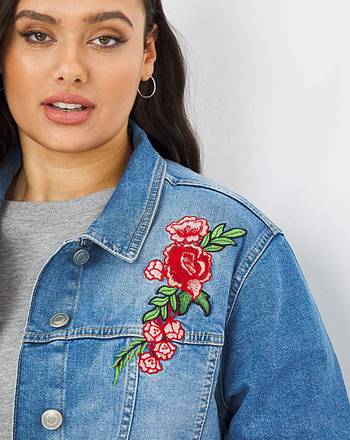 Womens Oversized Borg Embroidered Denim Jacket Simply Be