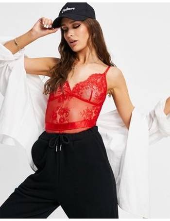 Love & Other Things high leg bodysuit with lace panels in red