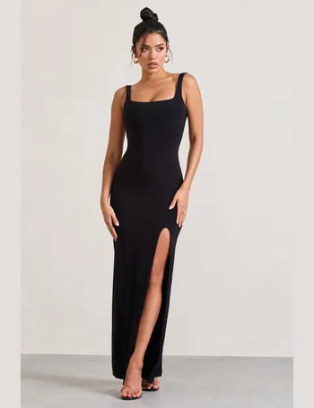 Rebecca Black Satin Plunge Halter-Neck Open-Back Split Maxi Dress