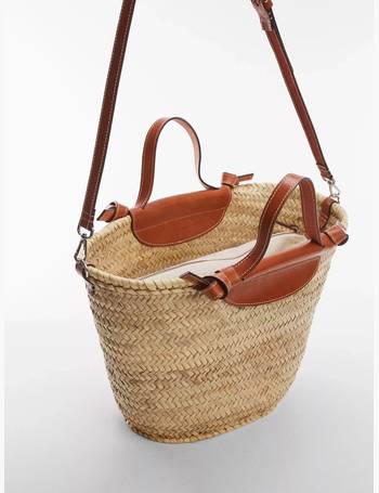 Mango straw bag with online front panel in tan