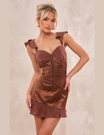 Chocolate Satin Strappy Corset Detail Ruched Skirt Bodycon Dress