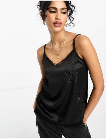 New Look crinkle lace trim cami top in black