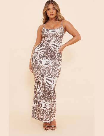 Brown Leopard Chiffon Lace Trim Strappy Maxi Dress