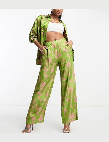 Emerald Floral Pants  Wide Leg Jacquard Pants  Satin Pants  Lulus