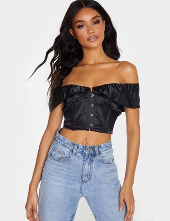 Pink Satin Frill Collar Bardot Hook Eye Crop Top