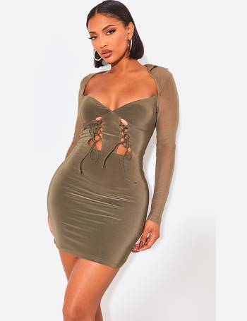 Olive Vinyl Bandeau Lace Up Side Bodycon Dress