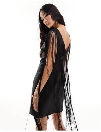 ASOS Design Embellished Shift Mini Dress with Beaded Fringe in Black