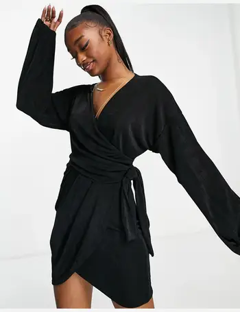 ASOS DESIGN - wrap slinky blouson sleeve midi dress in black