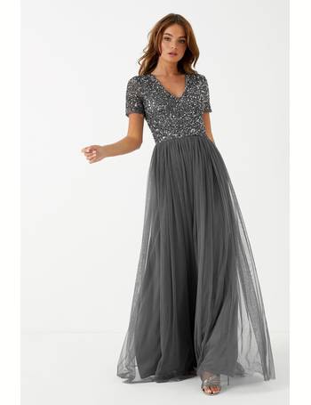 maya petite embellished short sleeve ruffle hem maxi dress