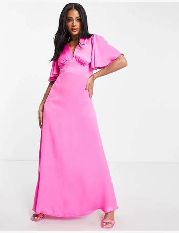 Flounce London flutter sleeve wrap front satin maxi dress in fuchsia pink