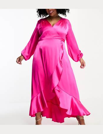 Flounce London Satin Flutter Sleeve Midi Dress In Hot Pink Jacquard for  Women