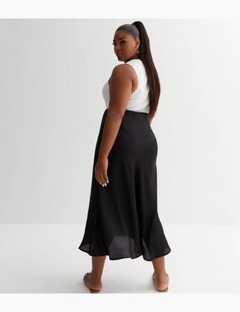 Curves Black Satin Pleated Midi Skirt