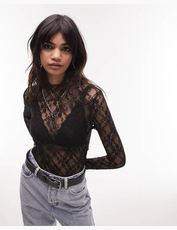 Topshop lace high neck long sleeve top in black