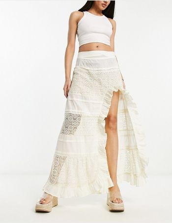 ASOS DESIGN prarie tiered lace maxi skirt in cream