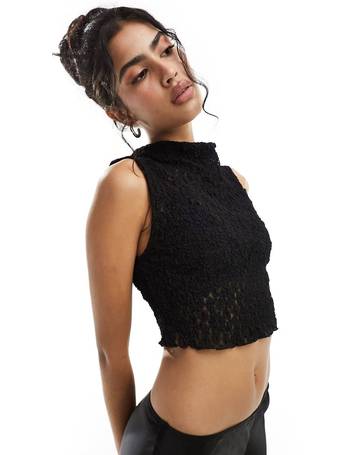 Bershka lace detail satin crop top in black