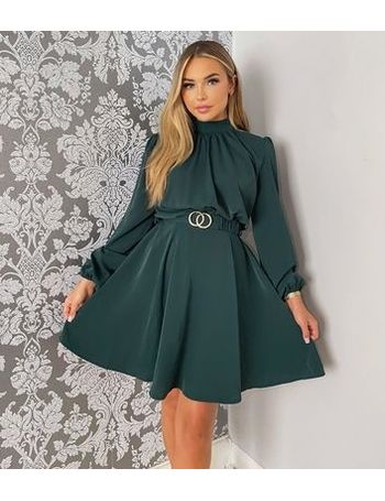 AX Paris Green Leopard Print High Neck Belted Mini Skater Dress