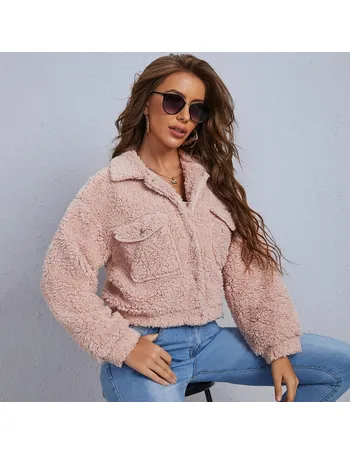 pink teddy coat cropped