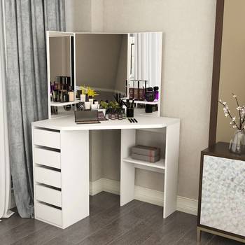 White FREDEES Vanity Table Set Corner Curved Dressing Table Makeup Desk with 5 Drawer 3 Mirror Dressing Table for Bedroom 