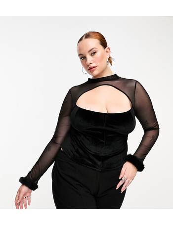 ASOS DESIGN ruched panel corset top with bubble sleeve in black