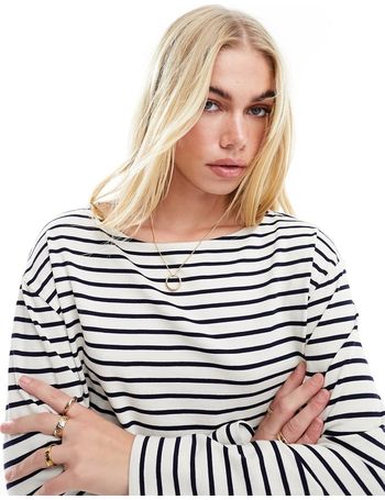  Other Stories ribbed long sleeve boat neck top in off white and black  stripe