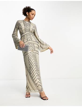 ASOS Design Long Sleeve Pearl Embellished Mesh Mini Dress in camel-Neutral