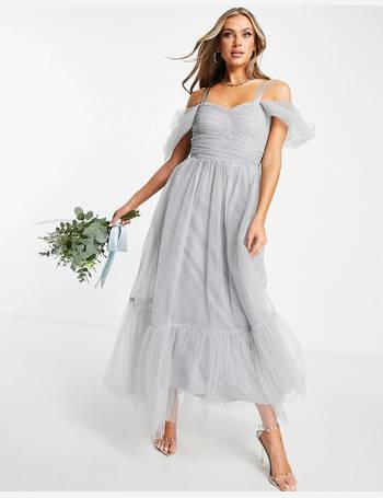 Lace & Beads Bridesmaid sheer one shoulder tulle midi dress in