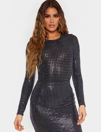 PrettyLittleThing Long Sleeved Sparkle Bodysuit in Black