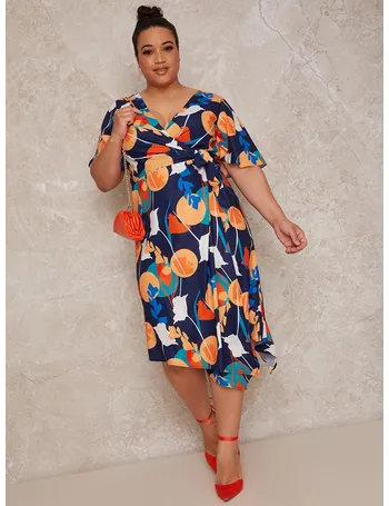 Plus Size Abstract Print Midi Slip Dress in Orange