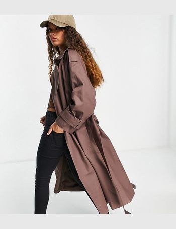 asos design bonded shearling borg trench coat in dark brown