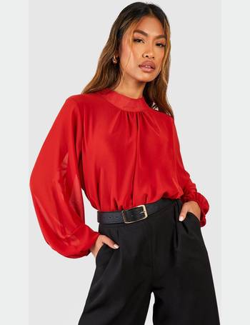 Satin Button Detail Balloon Sleeve Blouse