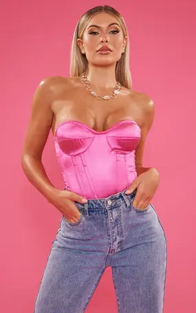 Hot Pink Satin Corset Bodysuit, Bodysuit