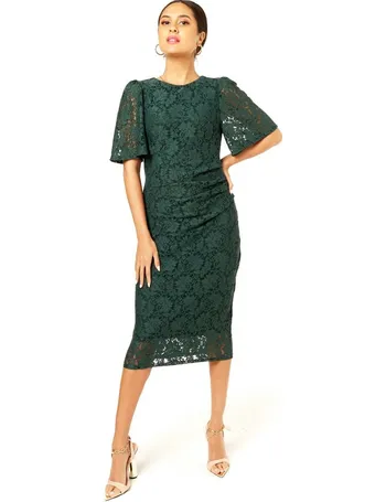 Gini London Dark Green Lace Short Sleeve Midi Bodycon Dress