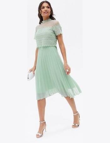 Dark Green Lace Layer High Neck Short Sleeve Pleated Skirt Midi Dress