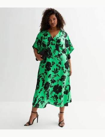 Green Floral Satin Sweetheart Puff Sleeve Midi Dress