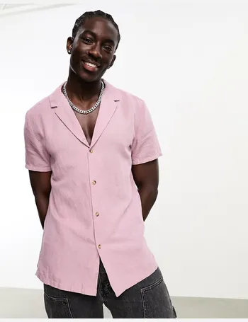 ASOS DESIGN regular smart linen shirt with mandarin collar in pink