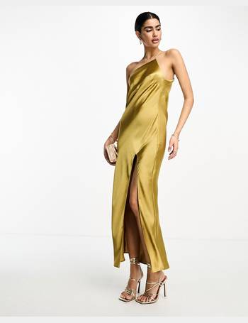 ASOS Design Satin Milkmaid Lace Trim Midaxi Dress with Strappy Back in Gold