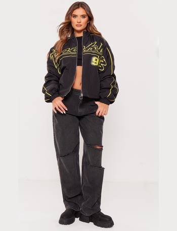 Black Wool Look Graphic Front Cropped Bomber Jacket
