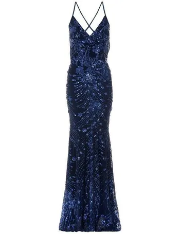navy sequin cross back fishtail maxi dress