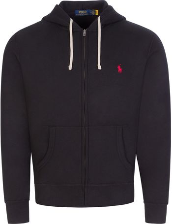 black polo hoodie with red logo