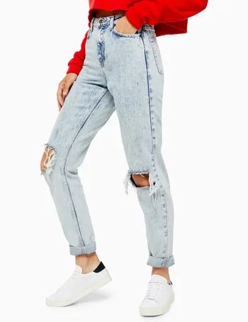 bleach wash double rip mom tapered jeans