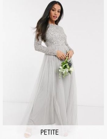 Maya petite bridesmaid long sleeve maxi tulle dress outlet with tonal delicate sequins in taupe blush